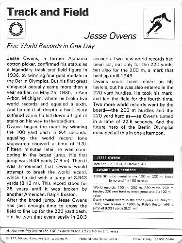 1977-79 Sportscaster Series 1 #01-04 Jesse Owens Back