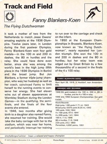 1977-79 Sportscaster Series 1 #01-09 Fanny Blankers-Koen Back