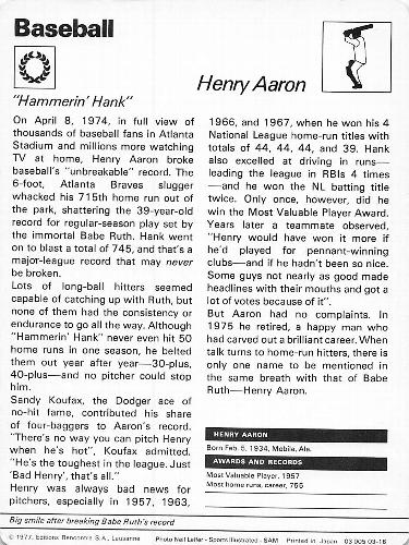 1977-79 Sportscaster Series 3 #03-16 Hank Aaron Back
