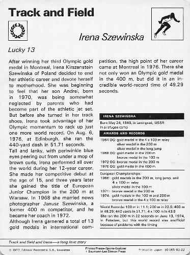 1977-79 Sportscaster Series 3 #03-22 Irena Szewinska Back