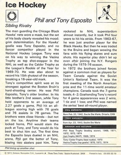 1977-79 Sportscaster Series 3 #03-19 Phil Esposito / Tony Esposito Back