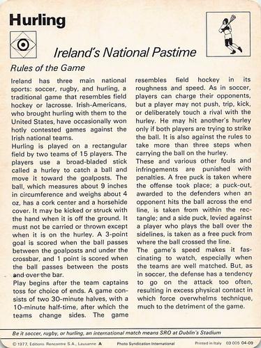 1977-79 Sportscaster Series 4 #04-09 Ireland's National Pastime Back