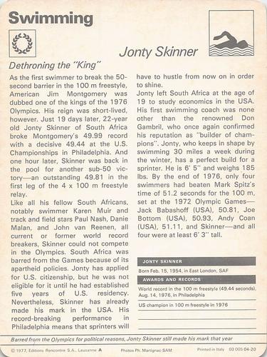 1977-79 Sportscaster Series 4 #04-20 Jonty Skinner Back