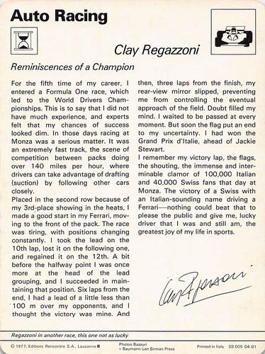 1977-79 Sportscaster Series 4 #04-01 Clay Regazzoni Back