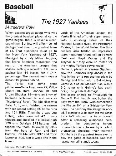 1977-79 Sportscaster Series 5 #05-22 The 1927 Yankees Back