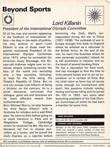 1977-79 Sportscaster Series 6 #06-23 Lord Killanin Back