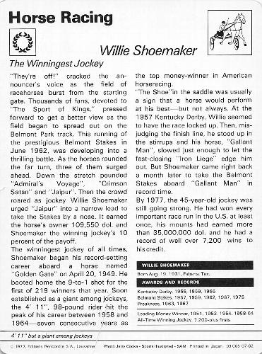 1977-79 Sportscaster Series 7 #07-02 Willie Shoemaker Back