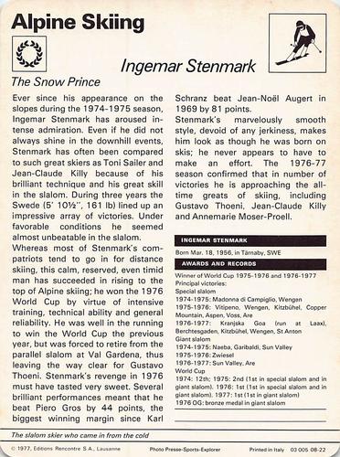 1977-79 Sportscaster Series 8 #08-22 Ingemar Stenmark Back