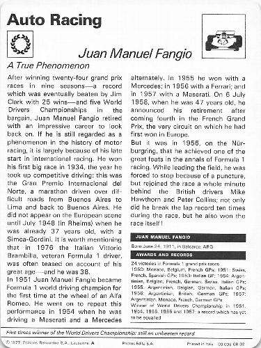 1977-79 Sportscaster Series 8 #08-02 Juan Manuel Fangio Back
