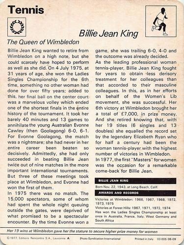 1977-79 Sportscaster Series 8 #08-09 Billie Jean King Back