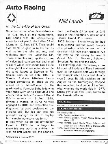 1977-79 Sportscaster Series 8 #08-24 Niki Lauda Back