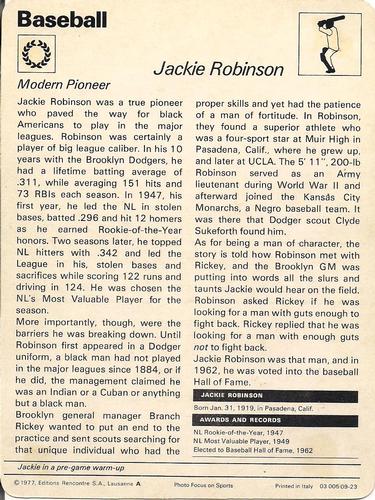 1977-79 Sportscaster Series 9 #09-23 Jackie Robinson Back