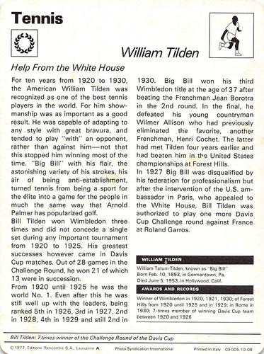 1977-79 Sportscaster Series 10 #10-08 Bill Tilden Back