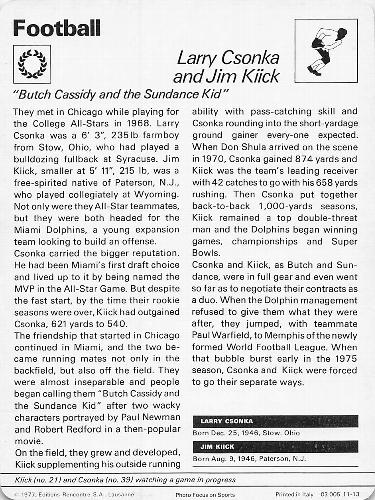 1977-79 Sportscaster Series 11 #11-13 Larry Csonka / Jim Kiick Back