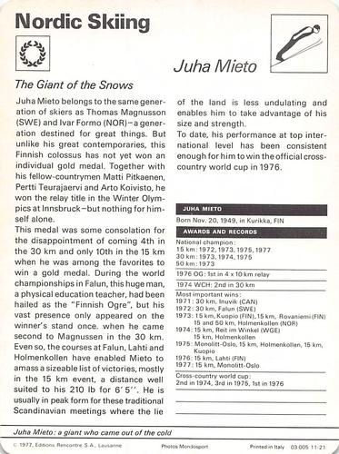 1977-79 Sportscaster Series 11 #11-21 Juha Mieto Back