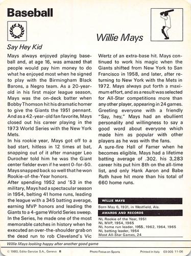 1977-79 Sportscaster Series 11 #11-06 Willie Mays Back