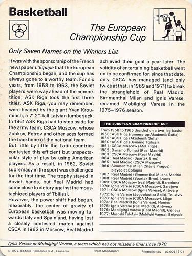 1977-79 Sportscaster Series 13 #13-04 The European Championship Cup Back