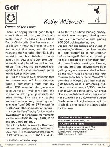 1977-79 Sportscaster Series 13 #13-13 Kathy Whitworth Back