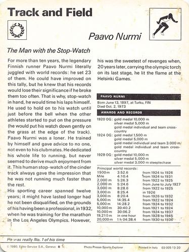 1977-79 Sportscaster Series 13 #13-20 Paavo Nurmi Back
