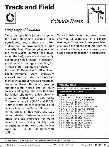 1977-79 Sportscaster Series 14 #14-01 Yolanda Balas Back