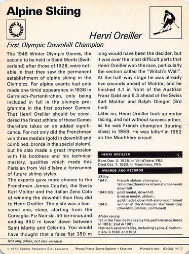 1977-79 Sportscaster Series 14 #14-17 Henri Oreiller Back