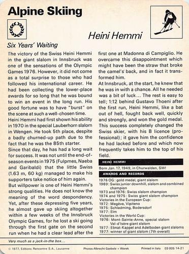 1977-79 Sportscaster Series 14 #14-21 Heini Hemmi Back