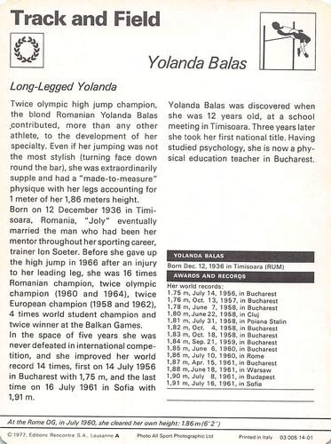 1977-79 Sportscaster Series 14 #14-01 Yolanda Balas Back