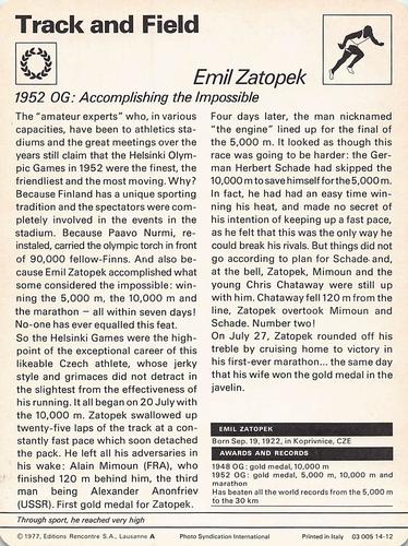 1977-79 Sportscaster Series 14 #14-12 Emil Zatopek Back