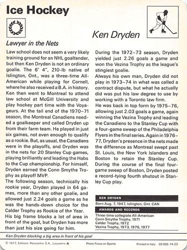 1977-79 Sportscaster Series 14 #14-23 Ken Dryden Back