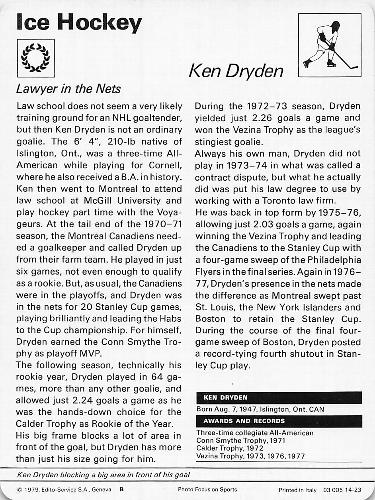 1977-79 Sportscaster Series 14 #14-23 Ken Dryden Back