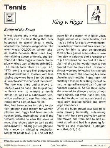 1977-79 Sportscaster Series 15 #15-21 King v. Riggs Back