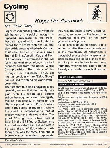 1977-79 Sportscaster Series 16 #16-01 Roger De Vlaeminck Back