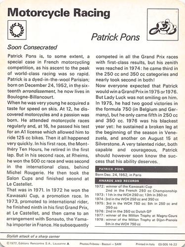 1977-79 Sportscaster Series 16 #16-22 Patrick Pons Back