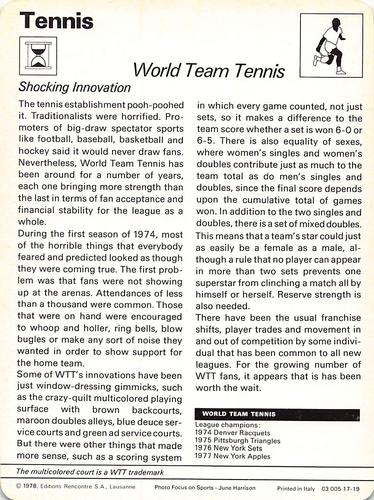 1977-79 Sportscaster Series 17 #17-19 World Team Tennis Back