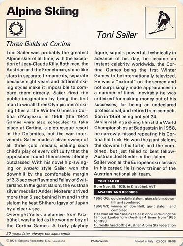 1977-79 Sportscaster Series 18 #18-08 Toni Sailer Back