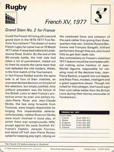 1977-79 Sportscaster Series 18 #18-24 French XV, 1977 Back