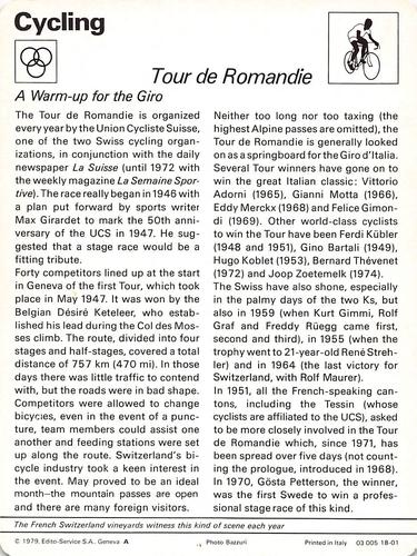 1977-79 Sportscaster Series 18 #18-01 Tour de Romandie Back