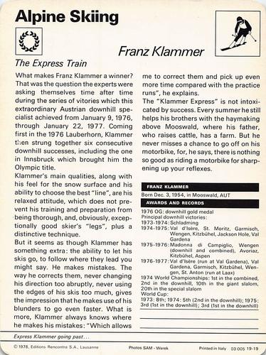 1977-79 Sportscaster Series 19 #19-19 Franz Klammer Back