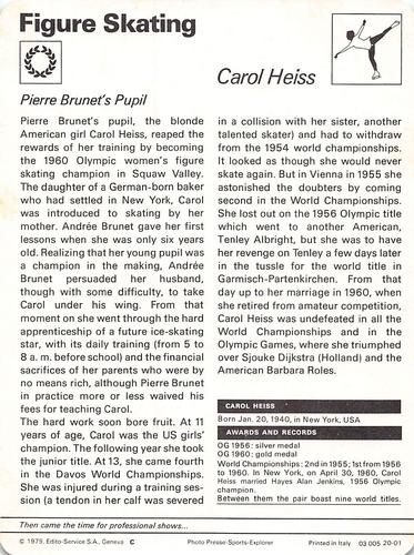 1977-79 Sportscaster Series 20 #20-01 Carol Heiss Back