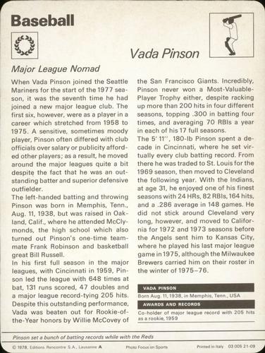 1977-79 Sportscaster Series 21 #21-09 Vada Pinson Back