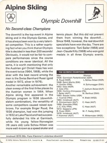 1977-79 Sportscaster Series 21 #21-01 Olympic Downhill Back