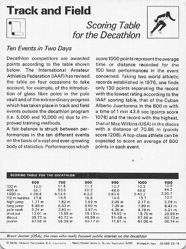 1977-79 Sportscaster Series 22 #22-19 Scoring Table for the Decathlon Back