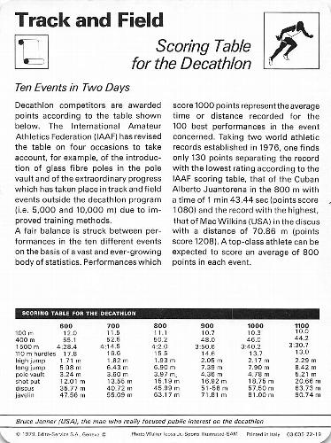 1977-79 Sportscaster Series 22 #22-19 Scoring Table for the Decathlon Back