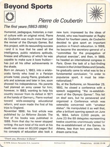 1977-79 Sportscaster Series 23 #23-08 Pierre de Coubertin Back