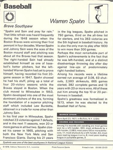 1977-79 Sportscaster Series 23 #23-23 Warren Spahn Back