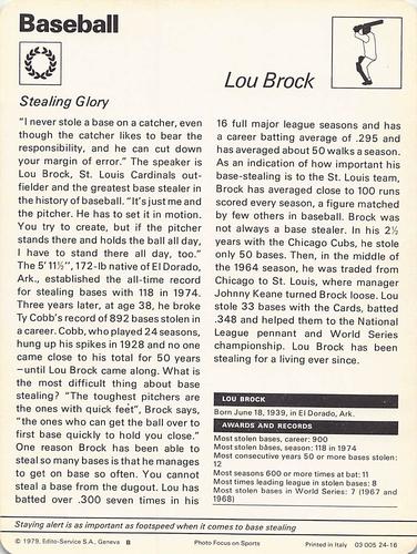 1977-79 Sportscaster Series 24 #24-16 Lou Brock Back