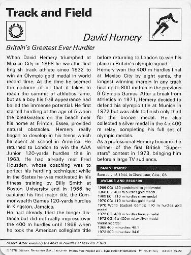 1977-79 Sportscaster Series 25 #25-22 David Hemery Back