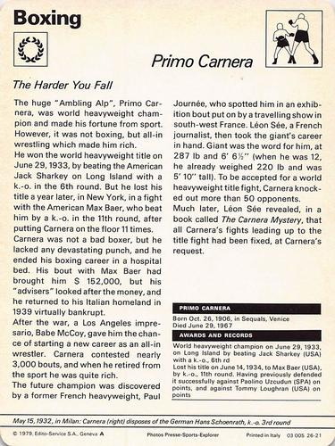 1977-79 Sportscaster Series 26 #26-21 Primo Carnera Back