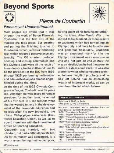 1977-79 Sportscaster Series 27 #27-17 Pierre de Coubertin Back