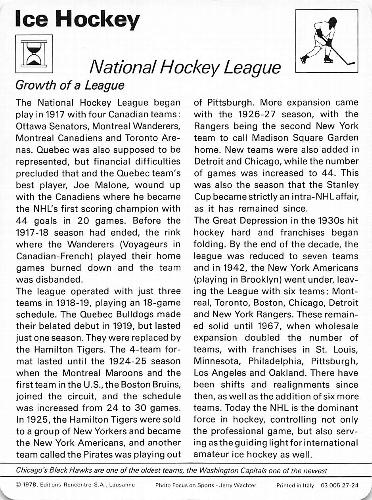 1977-79 Sportscaster Series 27 #27-24 National Hockey League Back